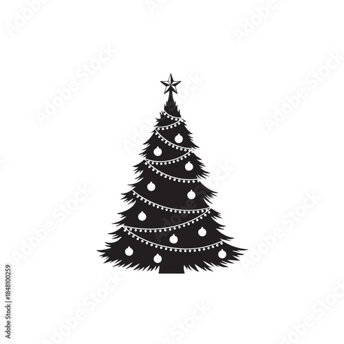 Black and white Christmas tree with star topper and hanging ornaments 1