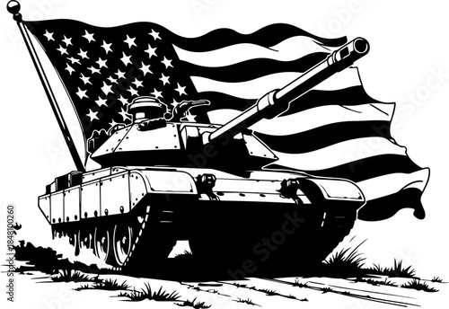 American Patriot Tank with Waving USA Flag – Military Power Black & White Vector
