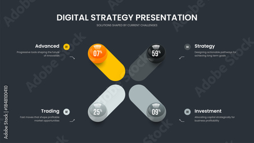 Educational Solution 4 Option Graph Frame Layout. Science Profile Four Step Diagram Slide Design. Modern Briefing Slideshow Template Vector Illustration.