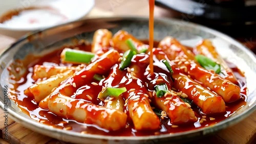 Delicious Korean Tteokbokki - A Culinary Delight with Spicy Sauce.