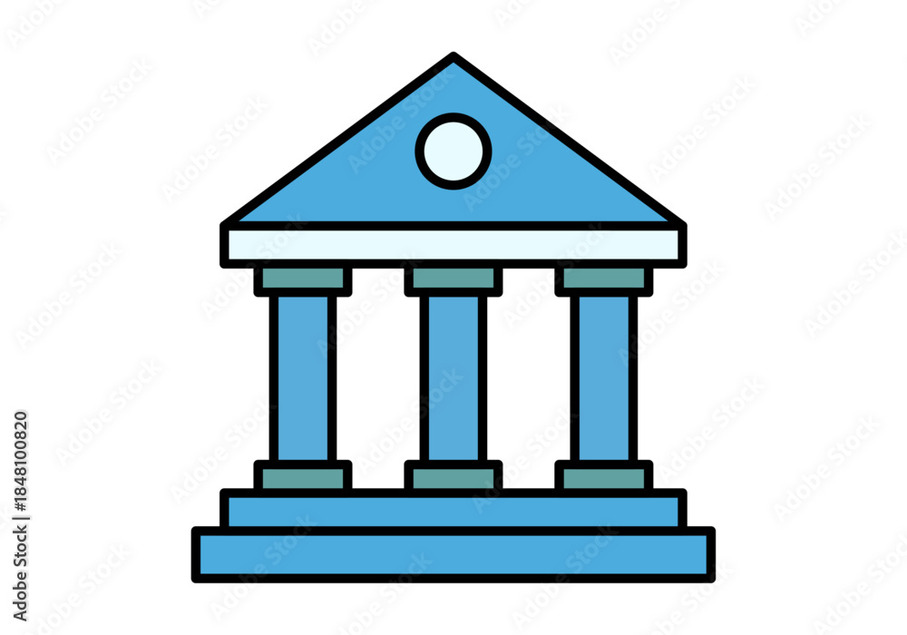 Naklejka premium Icono de edificio bancario o gubernamental con columnas de estilo clásico y fachada azul sobre fondo blanco