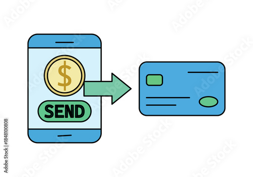Ilustración de transferencia de dinero digital desde un teléfono móvil a una tarjeta de crédito o transferencia bancaria 