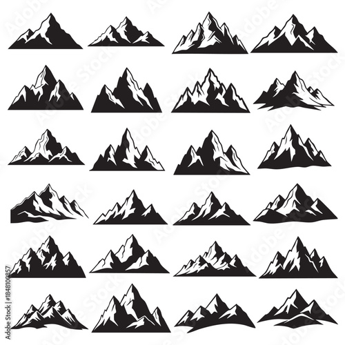 Black and white of various mountain ranges with snow peaks mountains
