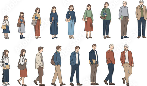 Diverse collection of people walking in side profile view featuring different age groups from young students to elderly retired adults