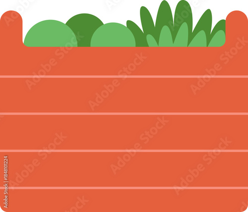 Flat Graphic Wooden Crate of Green Plants and Herbs Illustration