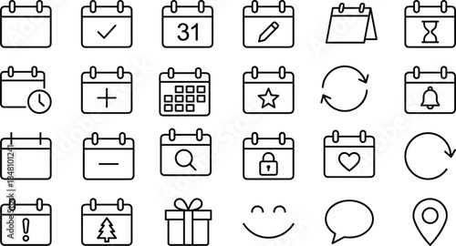 Calendar interface line icons set with date reminder event planning notification management productivity vector outline design
