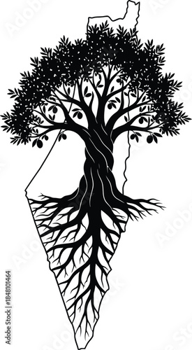 Stylized Tree of Life with Roots integrated into the outline of Palestine on a white background Keywords: Palestine, map, tree, roots, life, nature, growth, symbol