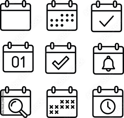 Calendar reminder line icons set with schedule checkmark alert search date time planning productivity vector outline design