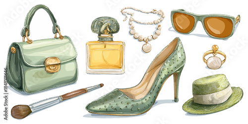 7A collection of stylish fashion accessories including a handbag, perfume bottle, necklace, sunglasses, high-heeled shoes, hat, ring, and makeup brush.