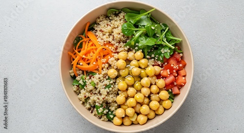 Top-Down View of Chickpea Salad Bowl with Quinoa and Vegetables, Olive Oil Drizzle