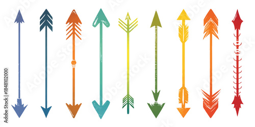 A collection of arrows in various colors and styles arranged in a row.