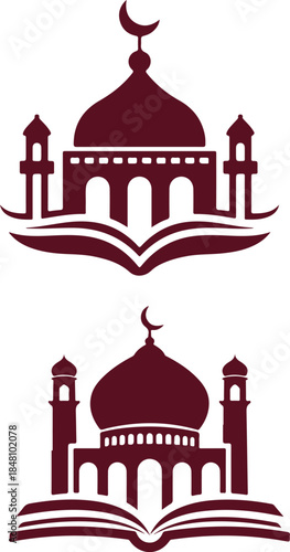 Mosque and book symbol representing islamic knowledge, education, and religious study