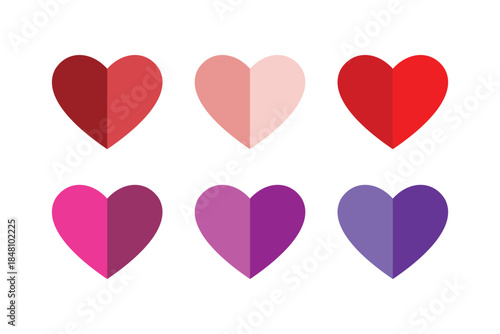 Vector set of six colorful hearts split into two tones: red, pink, magenta, and purple. Ideal for Valentine's Day, love, and dating themes.