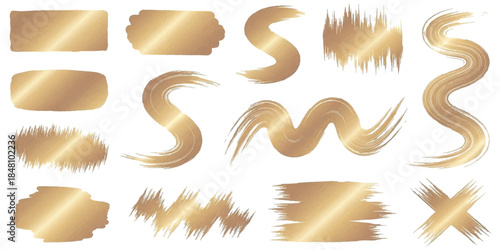 A collection of various abstract gold brush strokes and shapes for artistic decoration and design elements