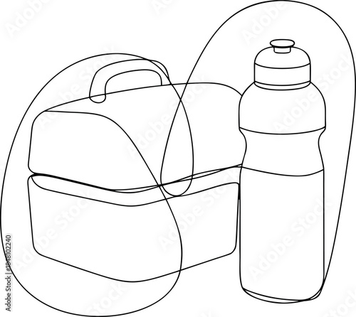 A stylish continuous oneline drawing of a lunch box and water bottle representing healthy lifestyle choices and daily hydration habits