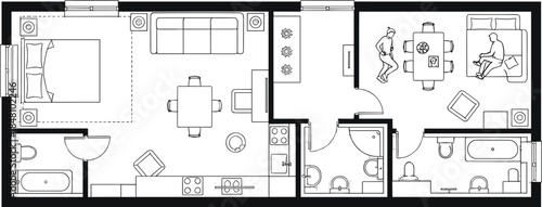 Detailed apartment floor plan with two bedrooms, bathrooms, kitchen, dining, and living room for interior design and architecture.