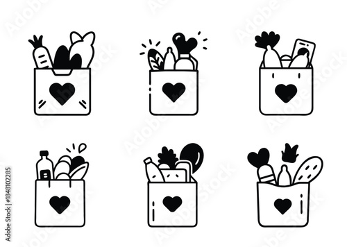 Heartful Grocery Bags with Assorted Items in Doodle Style Illustration