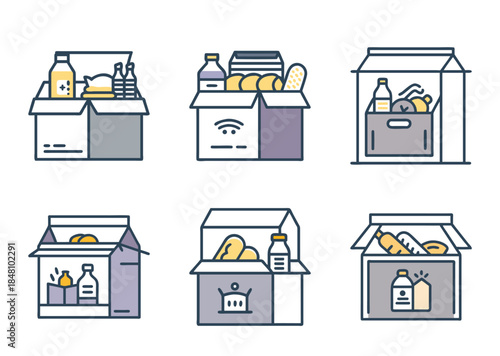 Colorful icons representing a variety of food donation boxes filled with groceries