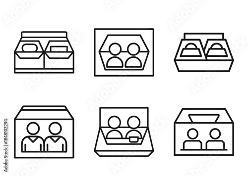 Isometric representation of various containers with contents in outline drawing style