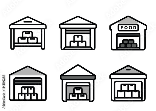 Icons of different warehouses filled with products, goods, and supplies