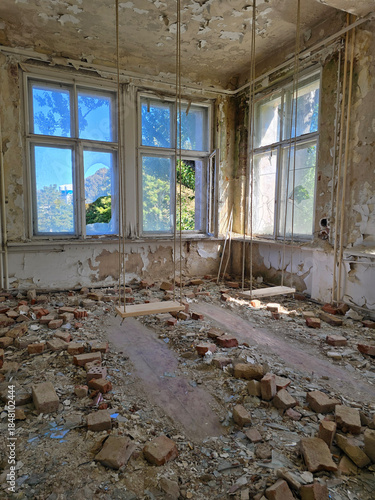 Beautiful view of an abandoned industrial/residential building with interior and exterior furnishings	