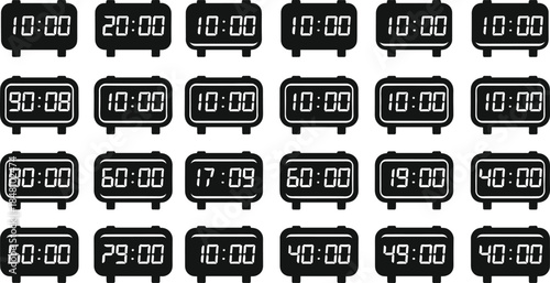 Grid of digital clocks showing varied times, visual puzzle concept for time anomalies, pattern recognition, and abstract vector design.