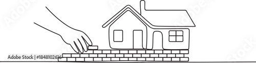 One line continuous building house. Concept of hand arranging bricks. one line Icon drawing