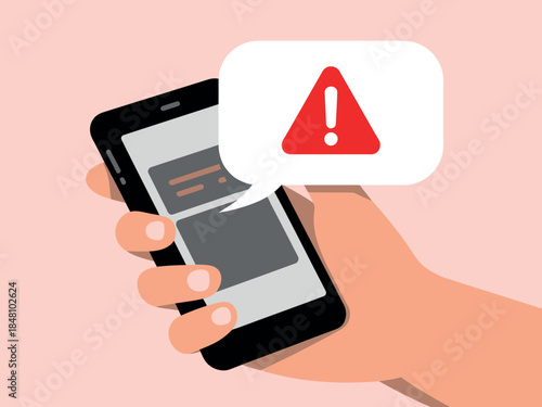 Warning Message on Mobile Phone Screen with Hand Holding Device