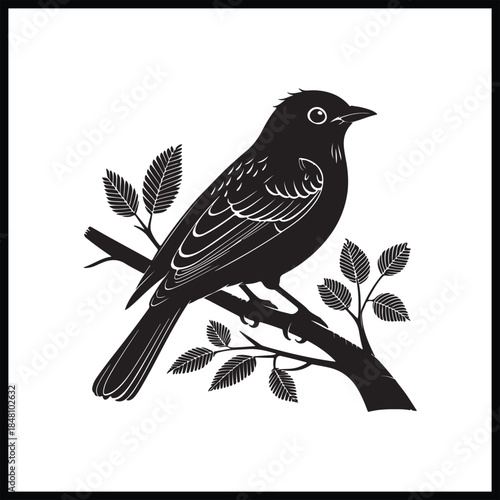 Artistic black silhouette vector illustration of a wild bird perched on a tree branch with detailed wings and beak representing nature and wildlife