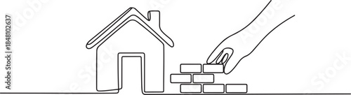 One line continuous building house. Concept of hand arranging bricks. one line Icon drawing