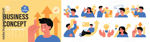 Business Concept illustrations. Collection of scenes with men and women taking part in business activities. Vector illustration in a flat style