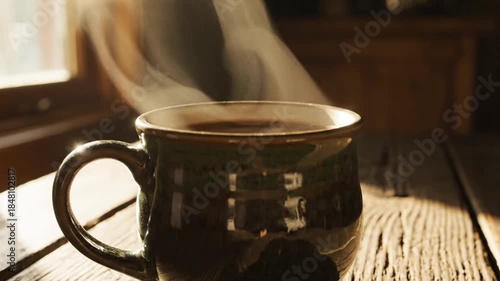 Cozy Morning Coffee Mug with Steam Rising on Rustic Wooden Table in Warm Natural Light