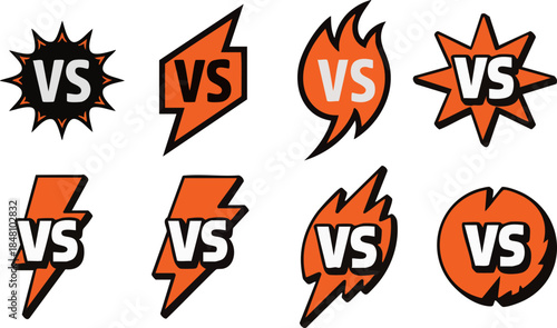 Competition VS Icon Set, versus logos with energetic designs for sports, gaming, battle, tournaments, e-sports graphics, interface elements, and digital branding projects.