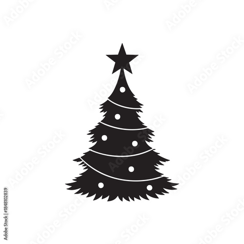 Black Christmas tree with star topper and circular ornaments