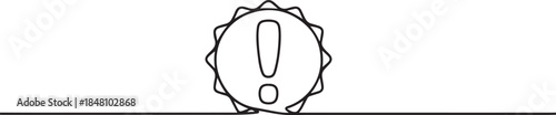 Minimalist one line drawing of exclamation mark in badge shape, modern continuous line art. one line Icon drawing