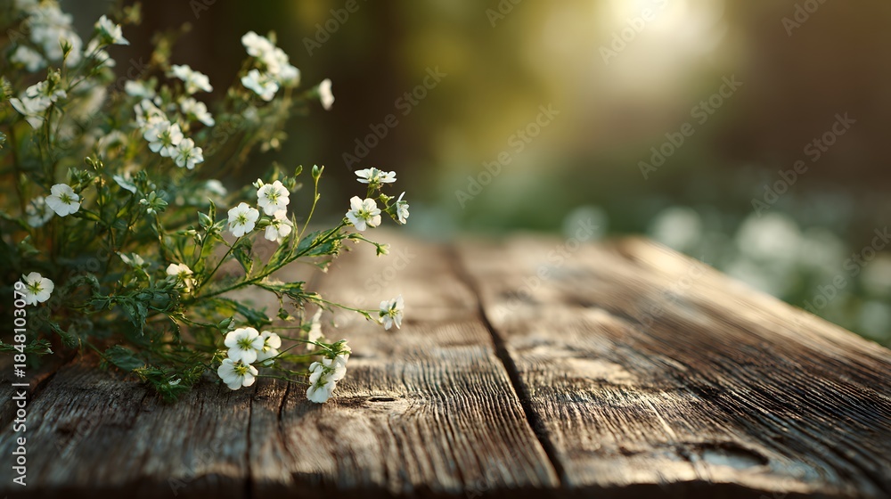 Fototapeta premium Small white blossoms rest upon a weathered wooden surface outdoors during golden hour