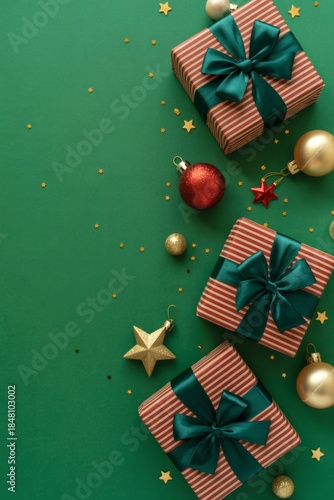 Holiday Gift Arrangement: A vibrant composition of wrapped gifts adorned with ribbons and ornaments, celebrating the joy and spirit of the holiday season.