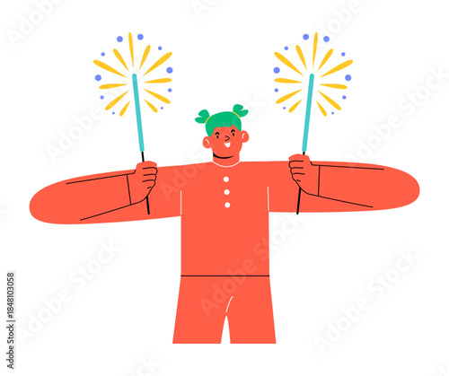 Woman holding burning sparklers. Celebration of New Year. Colorful vector illustration