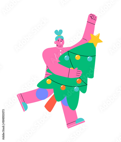 Woman holding christmas tree. New year. Colorful vector illustration