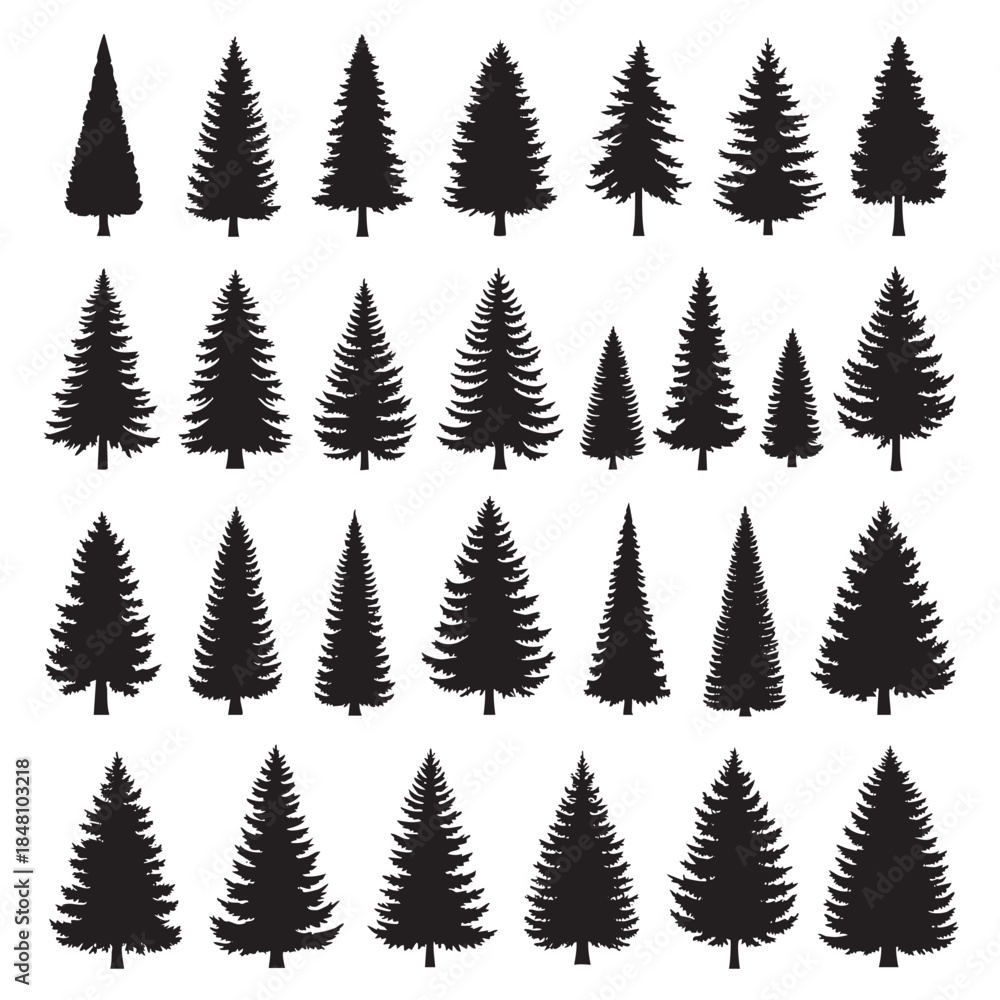 Obraz premium Black silhouettes of various pine trees arranged in a grid pattern on a white background