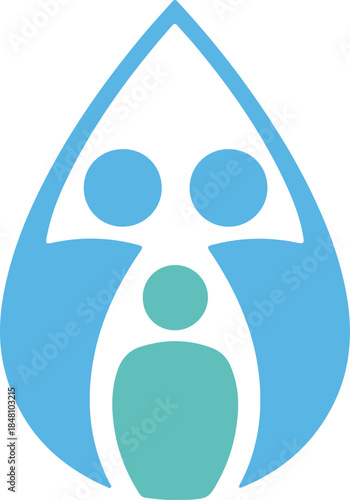 A vibrant blue teardrop icon symbolizing community and family support within a nurturing environment