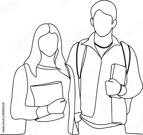 Continuous line drawing of two young students a man and a woman holding books and wearing backpacks for education and learning in a minimalist style