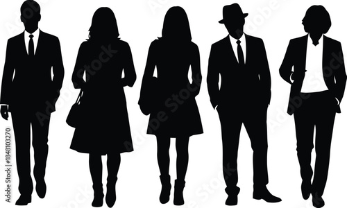 Silhouettes of five business professionals in formal attire