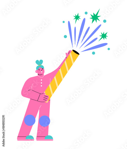 Woman setting off firework. Colorful vector illustration
