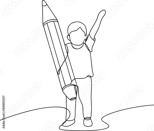 Wallpaper Mural Continuous one line art drawing of a happy child holding a giant pencil with arm raised concept Torontodigital.ca