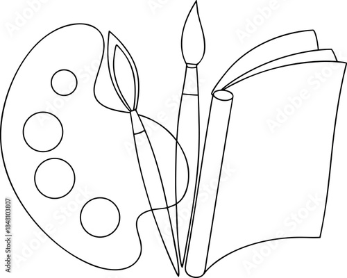 Creative art supplies illustration featuring a paint palette brushes and an open book for artistic hobbies education and inspiration