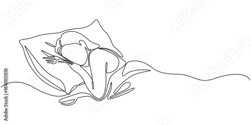 Woman sleeping on pillow bed continuous one line drawing. Sleeping woman in single line art illustration. Editable vector, Continuous single line sketch drawing of woman sleeping on pillow bed.