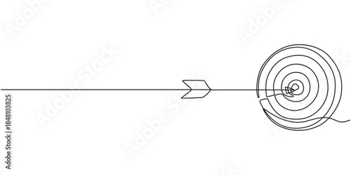 Continuous one line drawing of arrow in center of target. Strategic marketing or business concept, Arrow hitting target center, Single line drawing animation, Goal achievement minimal.