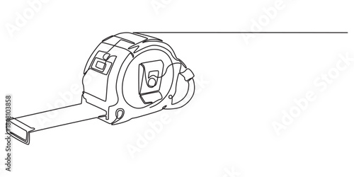 Measuring tape in one continuous line drawing. Symbolizing industrial tools and craftsmanship, Tape Measure Continuous Line Art Illustration, Tape measure in line art drawing style. Flexible ruler
