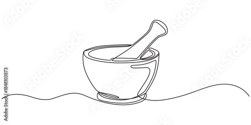 Mortar with pestle one line continuous drawing. Kitchen tools continuous one line illustration. Vector minimalist linear illustration, Single continuous line drawing mortar and pestle vintage.